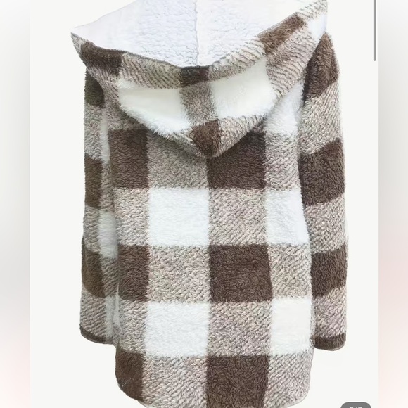 Brown Plaid Cozy Teddy Bear Open Front Hooded Cardi With Hood and Pockets - Picture 4 of 11